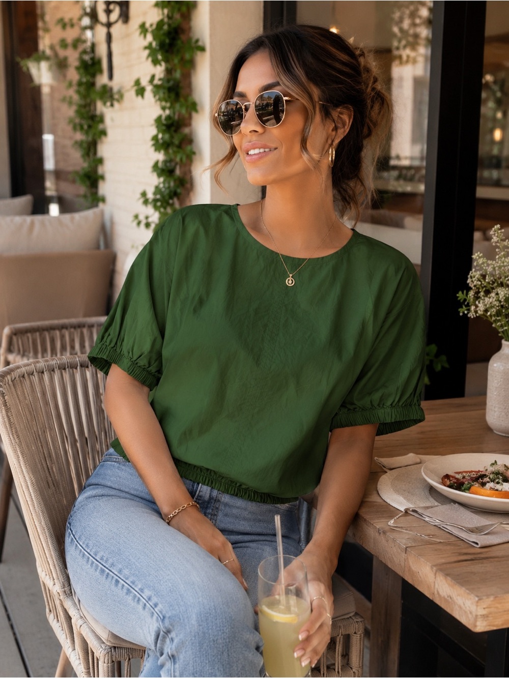 Apiece Apart Nora Classic Dark Green Short Sleeve Women's Top Size Medium